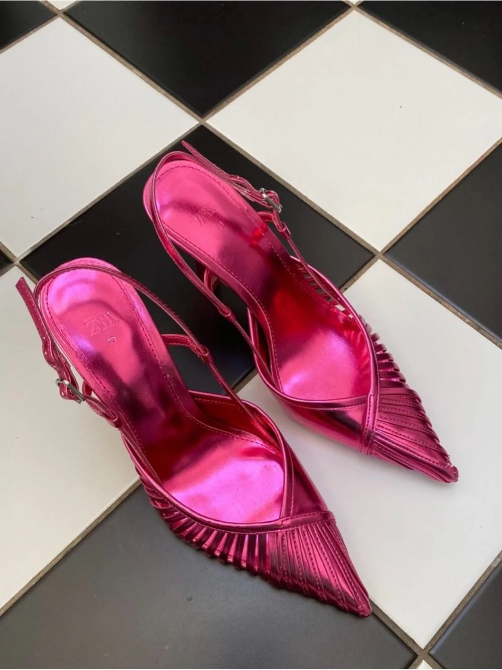 Zara Women’s Pink Metallic Pointy Toe Slingback Pumps Size 39 - Picture 2 of 10